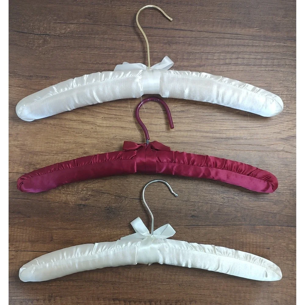 Lot of Three Vintage Satin Covered Fabric Padded Clothes Hangers Ivory Maroon B6